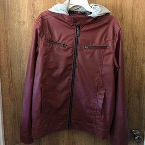 Men’s  Large Red Faux Leather Jacket with hoodie.